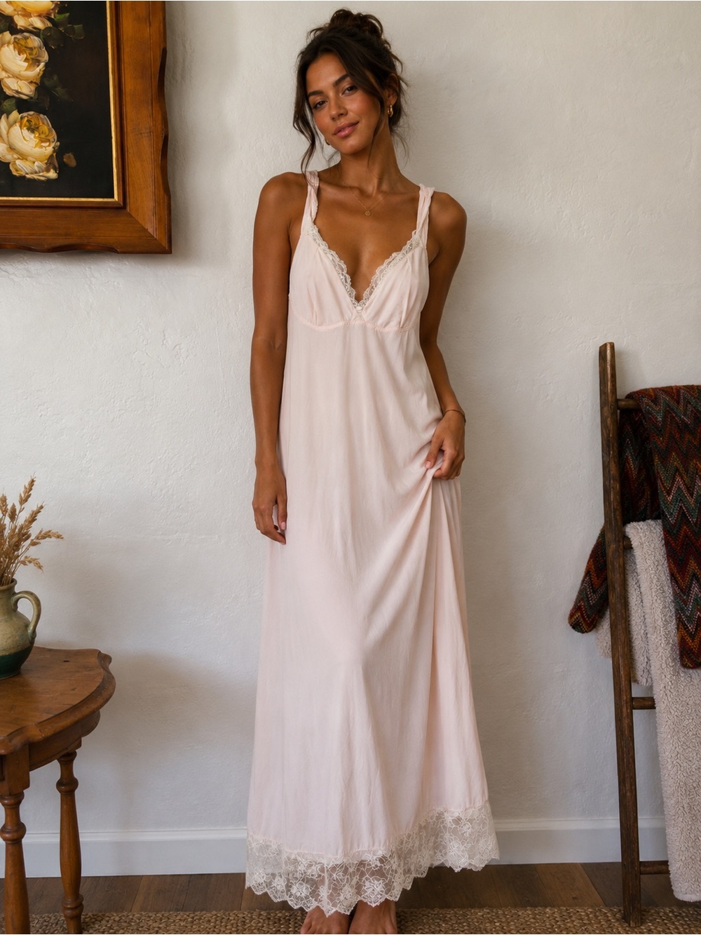 Free People Intimately Women's Long Lace-Trim Slip Dress in Pale Blush